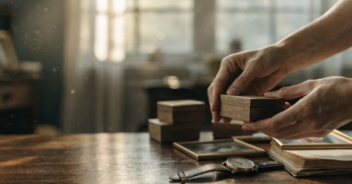 Delle mani aprono piccole scatole di legno con ricordi su un tavolo, accanto a un vecchio orologio, un libro aperto e foto incorniciate, in una stanza illuminata da una calda luce.