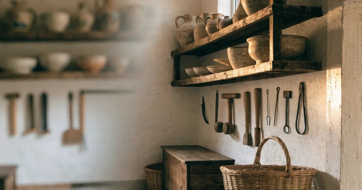 Angolo del garage di una casa di paese con scaffali pieni di ceramiche antiche, ceste di vimini, vecchi attrezzi appesi al muro e oggetti ereditati, nella luce calda di un pomeriggio d'estate.