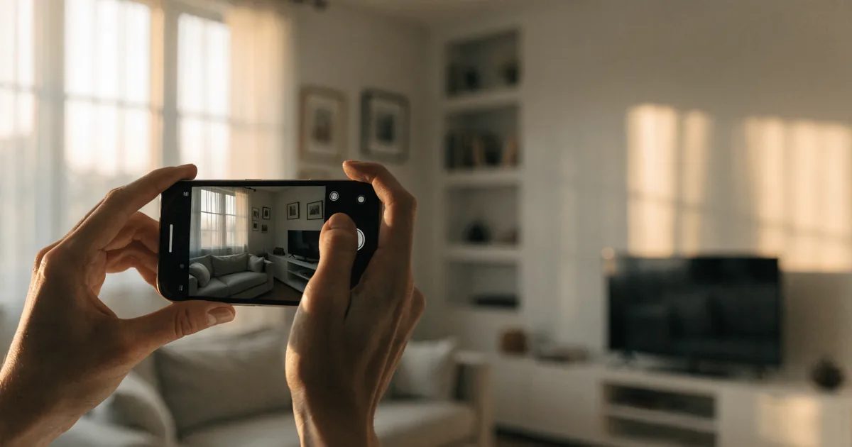 Delle mani tengono un telefono che fotografa il salotto di una casa — divano, mensole e televisore — per documentare il contenuto dell'abitazione ai fini dell'assicurazione.