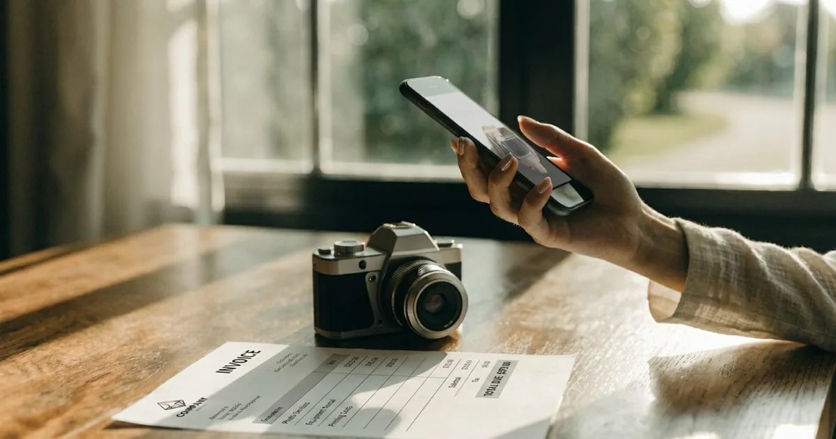 Una mano tiene un telefono con la foto di un oggetto accanto a una macchina fotografica e a una fattura su un tavolo di legno, per illustrare come dimostrare la preesistenza di un bene.