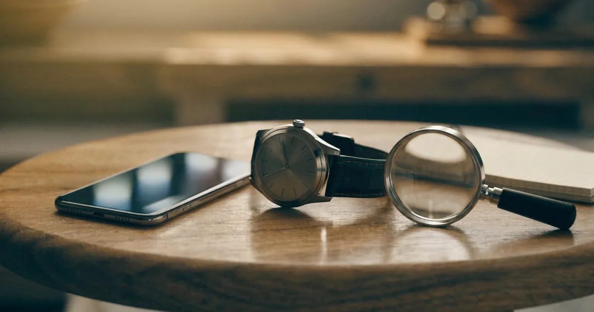 Un orologio da polso su un tavolo rotondo di legno tra un telefono e una lente d'ingrandimento, metafora del valore indicativo rispetto alla perizia ufficiale.