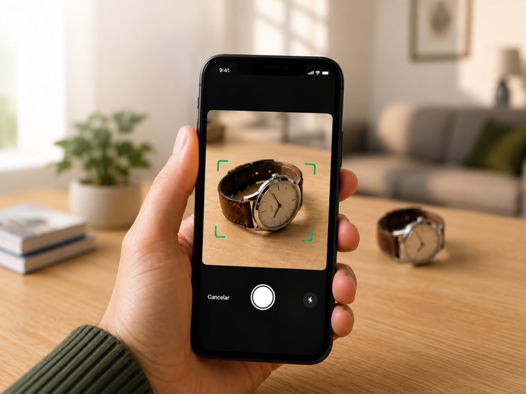 Una persona tiene in mano uno smartphone e fotografa un orologio da polso con cinturino in pelle su un tavolo di legno per aggiungerlo al proprio inventario SmartInventory AI.