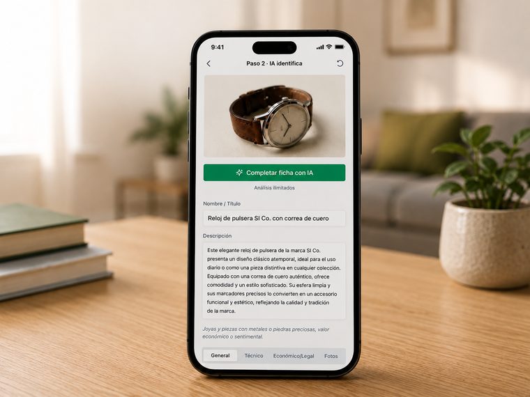 Schermo di un telefono che mostra la scheda di un orologio che l'intelligenza artificiale di SmartInventory AI ha compilato automaticamente con nome, descrizione e categoria dopo aver analizzato la foto.