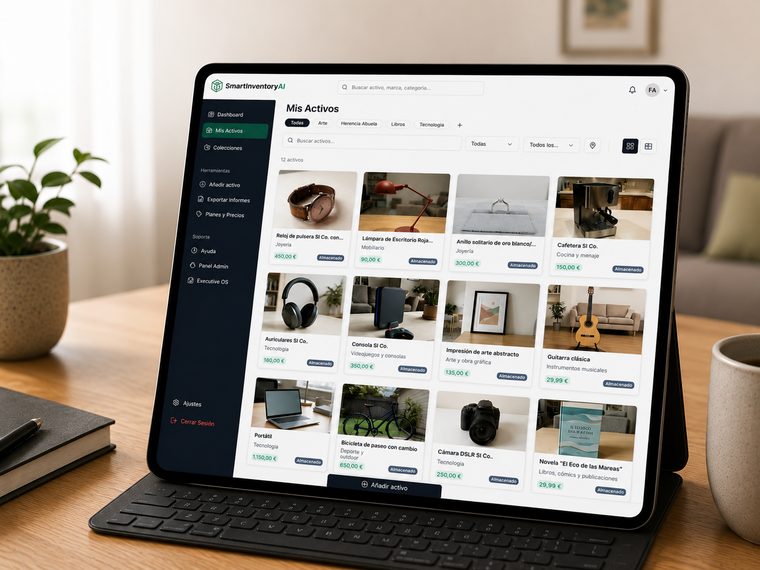 Tablet che mostra la dashboard «I miei beni» di SmartInventory AI con un inventario di oggetti organizzato per categorie, ciascuno con la sua scheda e il suo valore.