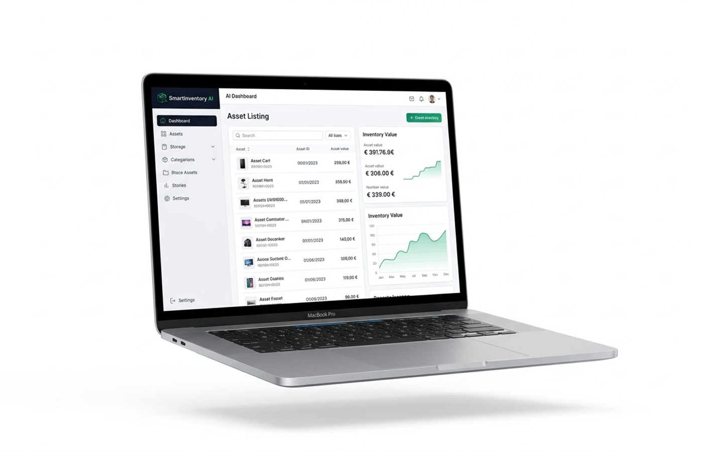 Mockup de la Dashboard de SmartInventory AI en un MacBook Pro